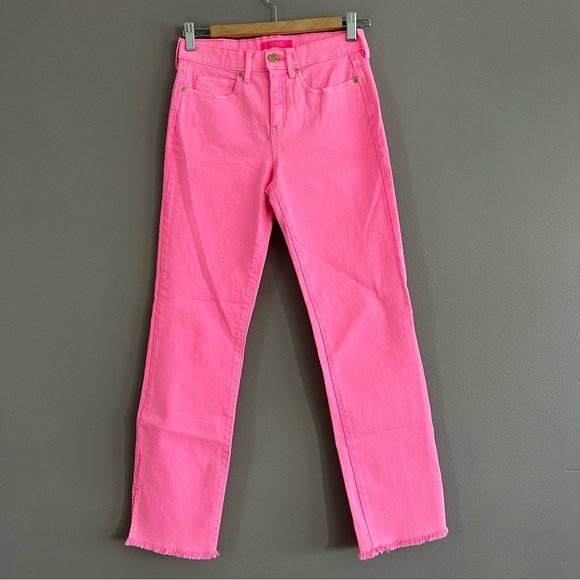 Lilly Pulitzer Nolynn Pink High Rise Slim Stretch Denim Raw Hem Jeans Size 0 NWT - Picture 1 of 15
